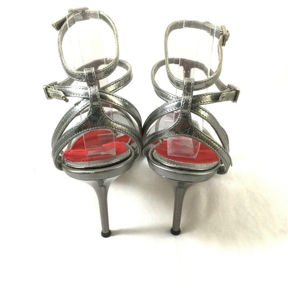 Plein Sud Strappy Sandal Silver Metallic Leather Thong Toe Slim Heel - Picture 5 of 8